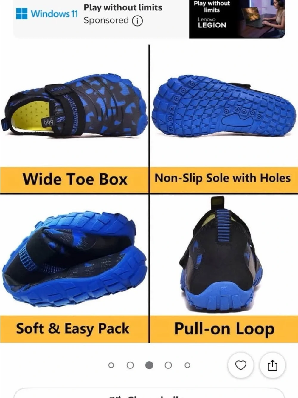 Blue and Black Kids Water Shoes with Hook-and-Loop Closure